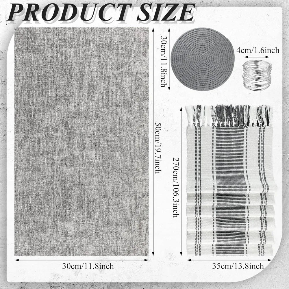 19 Pcs Table Runner Placemat and Napkin Ring Set Modern Woven Macrame Runner with Tassel 11.8 x 106.3'' Round and Rectangle Tab