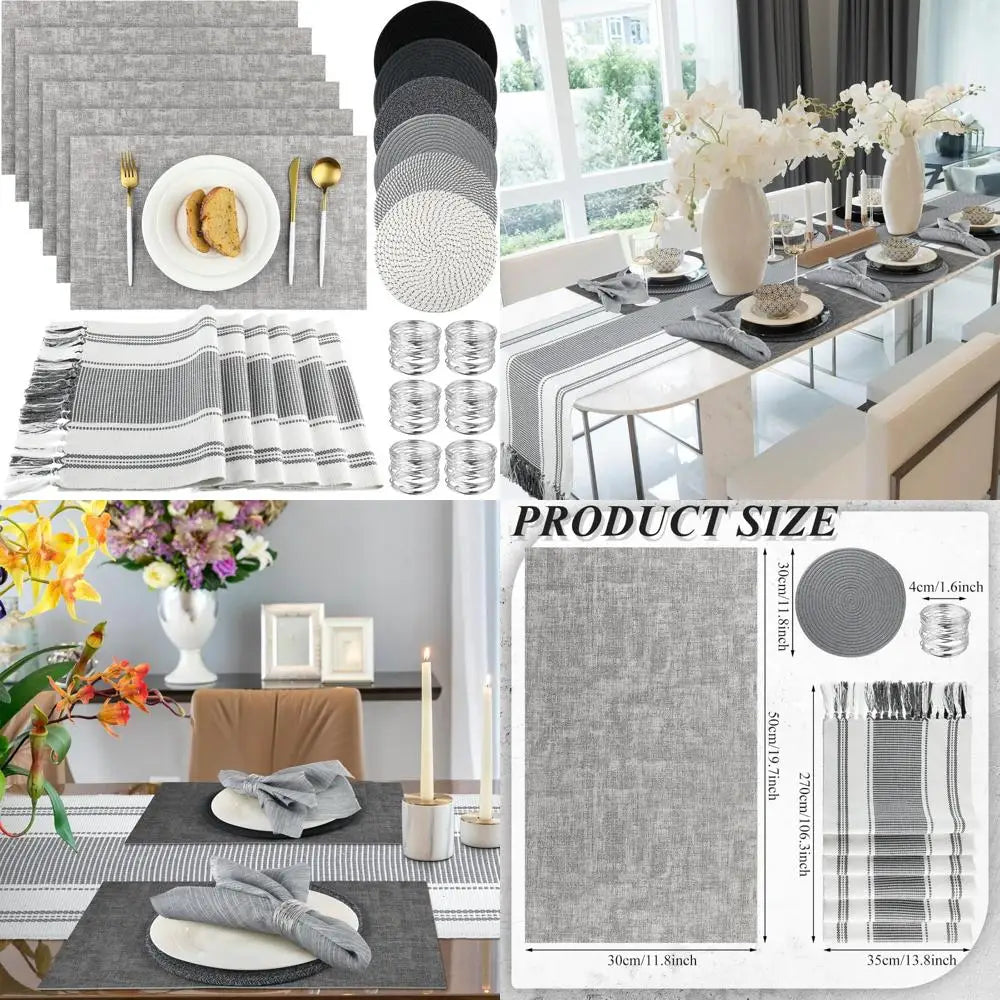 19 Pcs Table Runner Placemat and Napkin Ring Set Modern Woven Macrame Runner with Tassel 11.8 x 106.3'' Round and Rectangle Tab