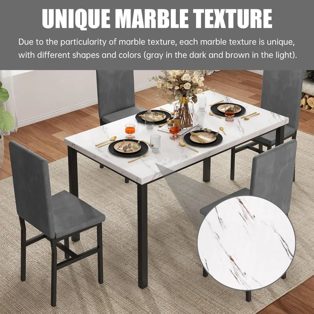 5-Piece Dining Table with Faux Marble Top & Velvet Chairs