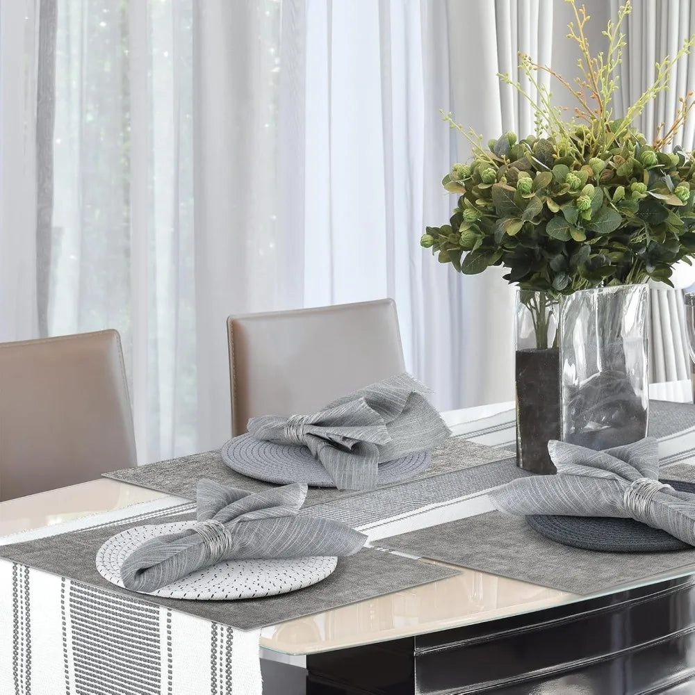 19 Pcs Table Runner Placemat and Napkin Ring Set Modern Woven Macrame Runner with Tassel 11.8 x 106.3'' Round and Rectangle Tab