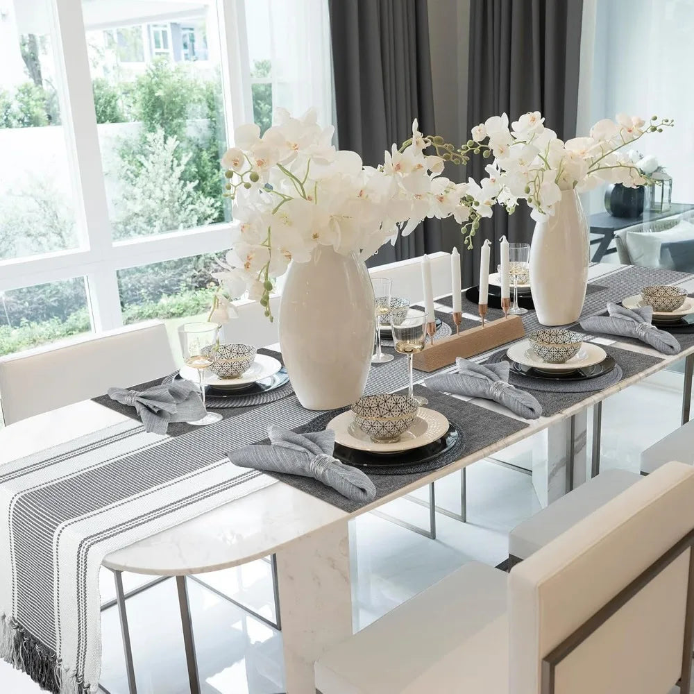 19 Pcs Table Runner Placemat and Napkin Ring Set Modern Woven Macrame Runner with Tassel 11.8 x 106.3'' Round and Rectangle Tab