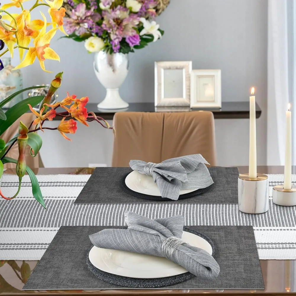 19 Pcs Table Runner Placemat and Napkin Ring Set Modern Woven Macrame Runner with Tassel 11.8 x 106.3'' Round and Rectangle Tab