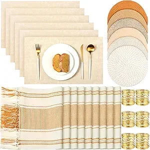 19 Pcs Table Runner Placemat and Napkin Ring Set Modern Woven Macrame Runner with Tassel 11.8 x 106.3'' Round and Rectangle Tab