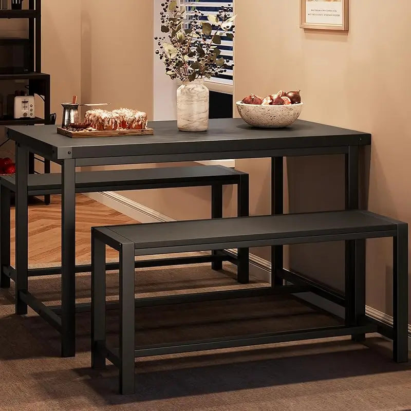 Rectangular Dining Room Table Set w/2 Metal Wood Benches