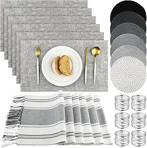 19 Pcs Table Runner Placemat and Napkin Ring Set Modern Woven Macrame Runner with Tassel 11.8 x 106.3'' Round and Rectangle Tab
