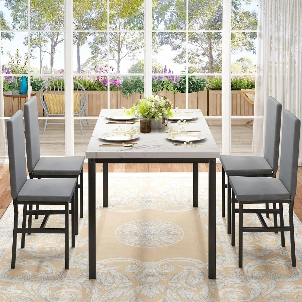 5-Piece Dining Table with Faux Marble Top & Velvet Chairs
