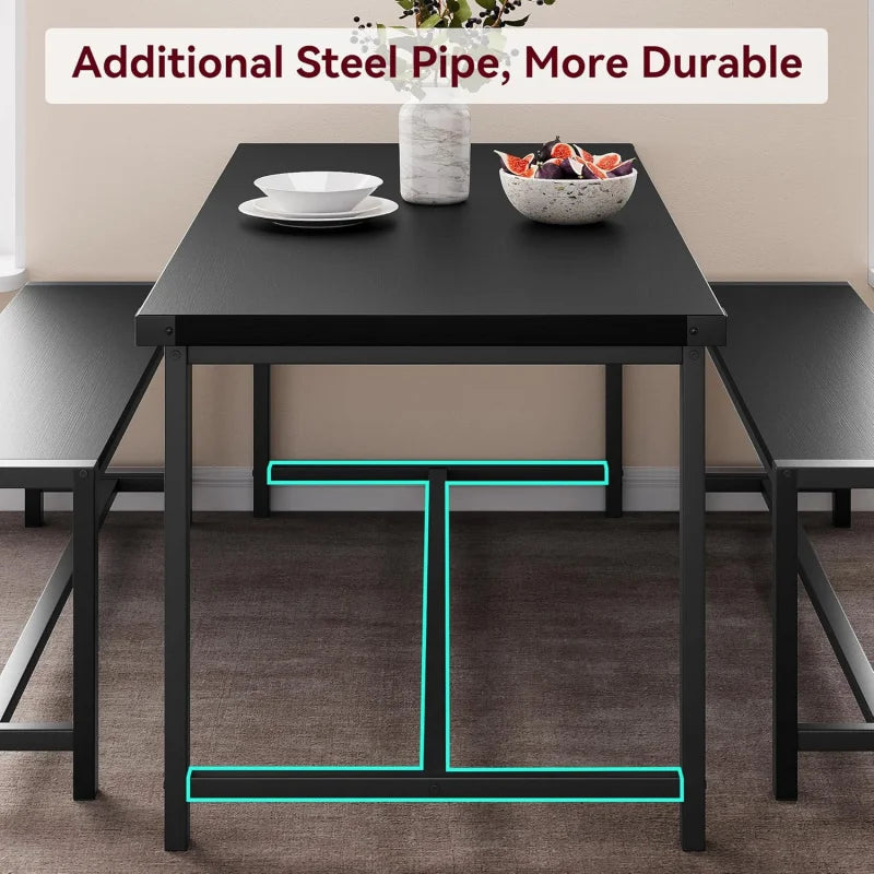 Rectangular Dining Room Table Set w/2 Metal Wood Benches