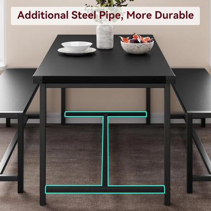Rectangular Dining Room Table Set w/2 Metal Wood Benches