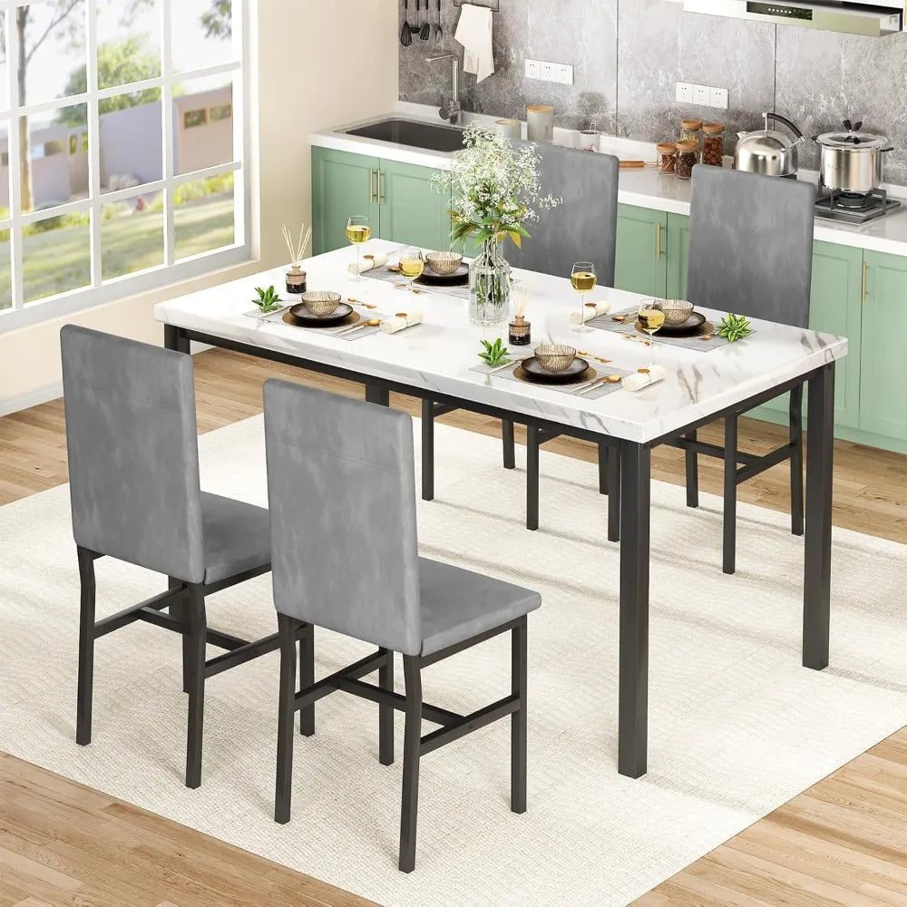 5-Piece Dining Table with Faux Marble Top & Velvet Chairs