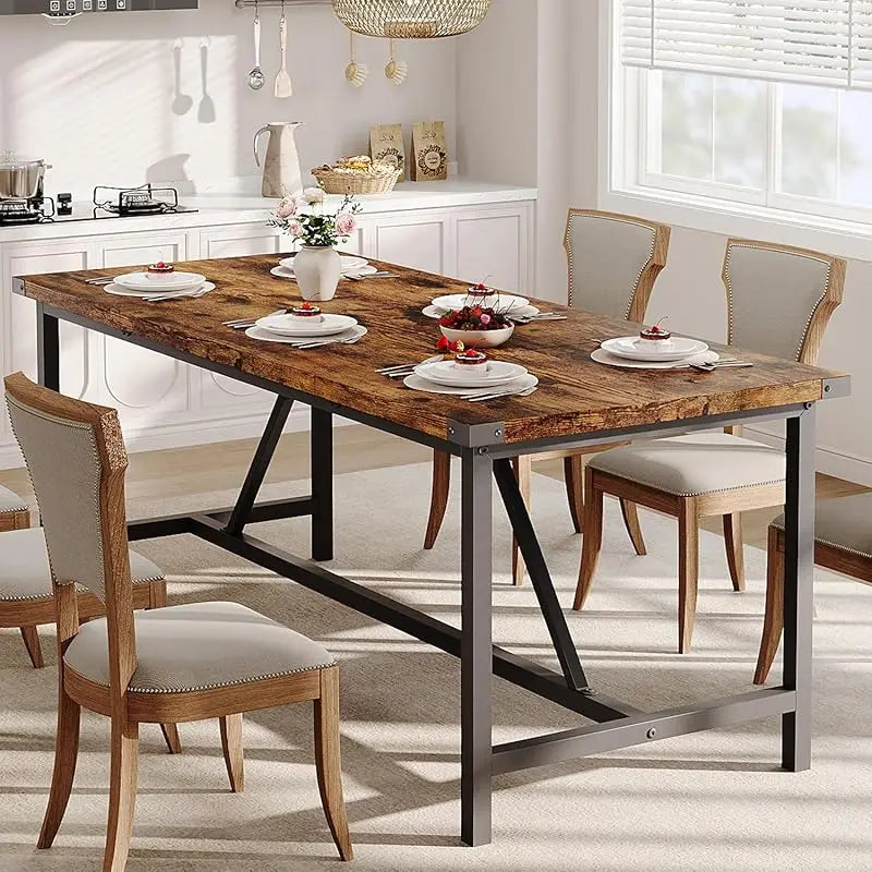 Rectangular Dining Room Table Set w/2 Metal Wood Benches