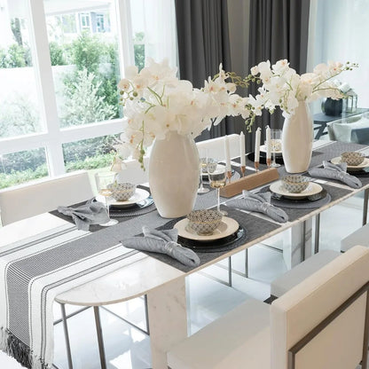 19 Pcs Table Runner Placemat and Napkin Ring Set Modern Woven Macrame Runner with Tassel 11.8 x 106.3'' Round and Rectangle Tab