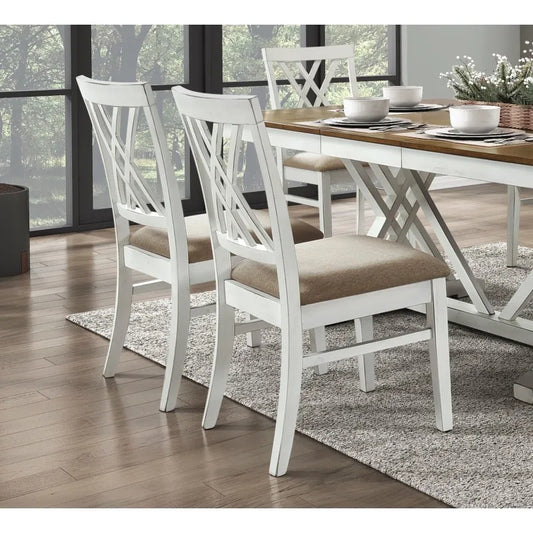 2-Pc Modern White & Oak Decorated Side Chairs