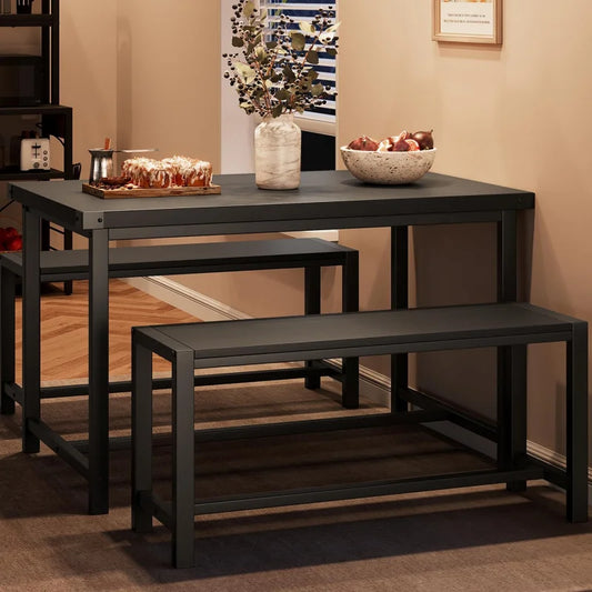Rectangular Dining Room Table Set w/2 Metal Wood Benches