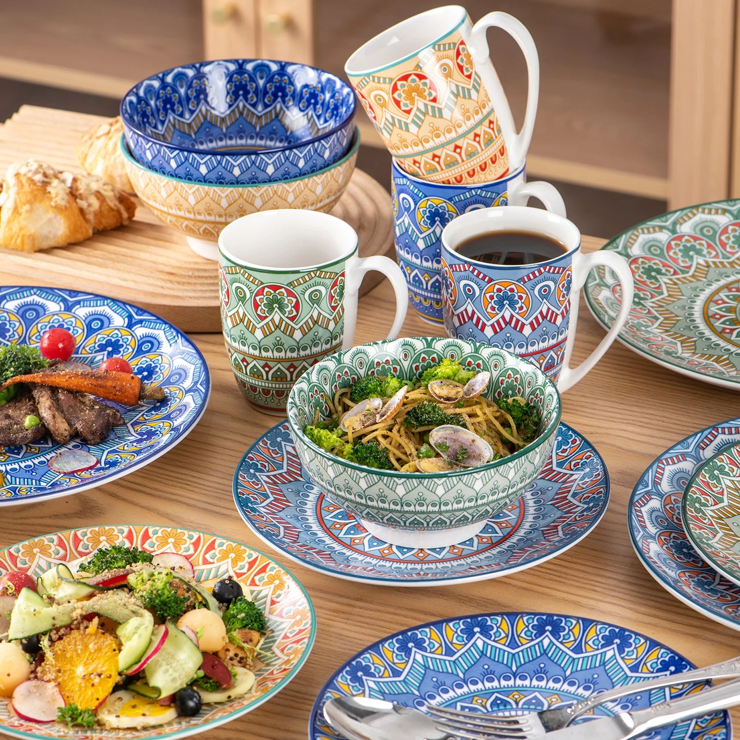 16/32/48-PC Porcelain Dinnerware Set Bohemian Mandala Patterned