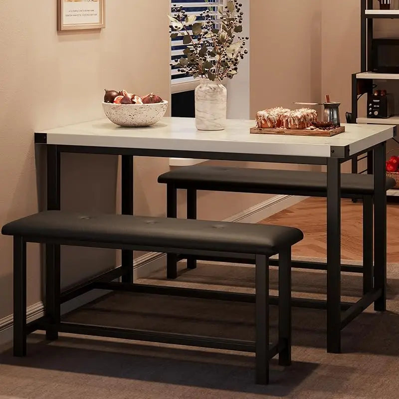 Rectangular Dining Room Table Set w/2 Metal Wood Benches