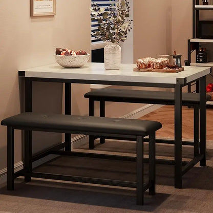 Rectangular Dining Room Table Set w/2 Metal Wood Benches
