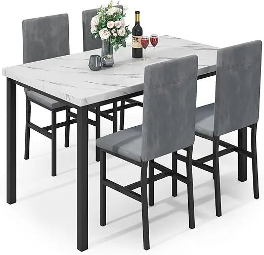 5-Piece Dining Table with Faux Marble Top & Velvet Chairs