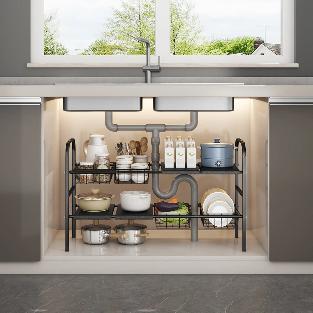 Multi-Use Expandable Storage Rack With Removable Baskets