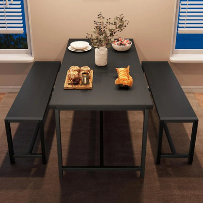 Rectangular Dining Room Table Set w/2 Metal Wood Benches
