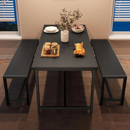 Rectangular Dining Room Table Set w/2 Metal Wood Benches